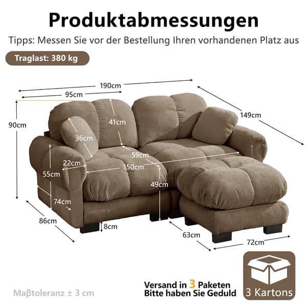 SONNENH 2-sitsig Chenille Sofa, L-formad Modular Corner Sofa, Fine Quilted Design, Elegant Style, Thick Seat Cushions, Soft & Supportive