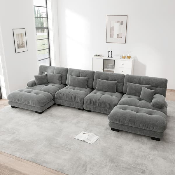 SONNENH Modulärt hörnsoffa, U-format soffset för vardagsrum, 4-sits bekväm molnsoffa med flyttbar ottoman, DIY-kombination, chenille, grå