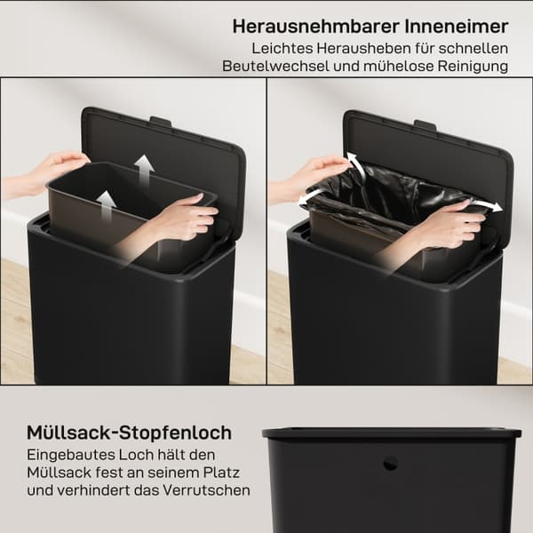 SONNENH Affaldsspand, Rustfrit stål, Sort, 29,7 × 17,4 × 30 cm