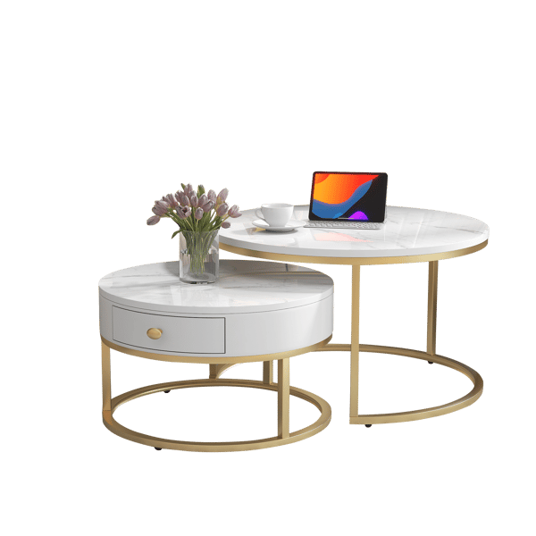 SONNENH Soffbord – set med 2, MDF, Högblank vit, 70 × 70 × 45 cm