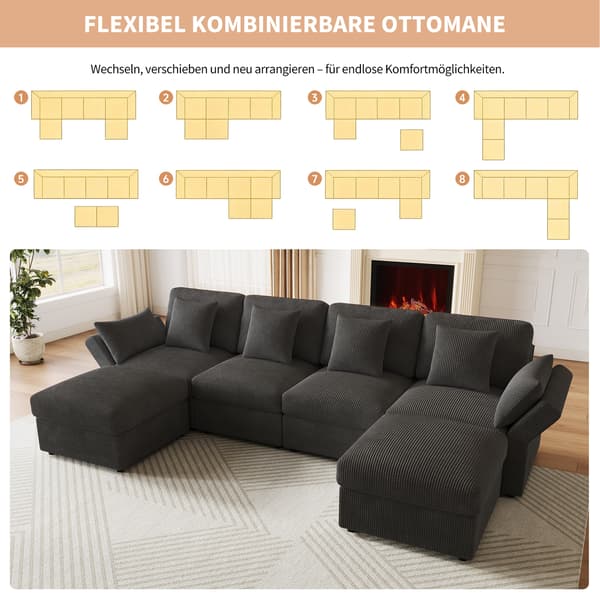 SONNENH U-formet sofa, Fløjl, Grå, 290 × 159,5 × 89 cm