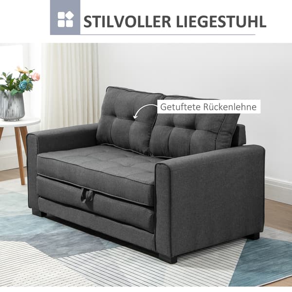 SONNENH Bäddsoffa, hopfällbar soffa, 2-sits, bäddsoffa med sovfunktion, linnetouch, gummiträ, grå, 147,5x75x85 cm