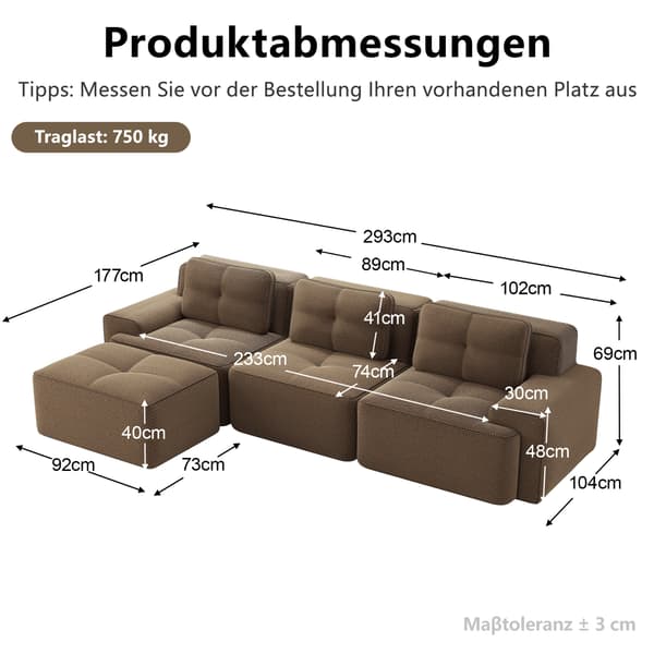 SONNENH Cloud Modular Sofa Boneless L Formet Sofa, Modular Sofa med Ottoman, Modular Cloud Sofa, 3 Sæder Corduroy Cloud Sofa til levende værelse