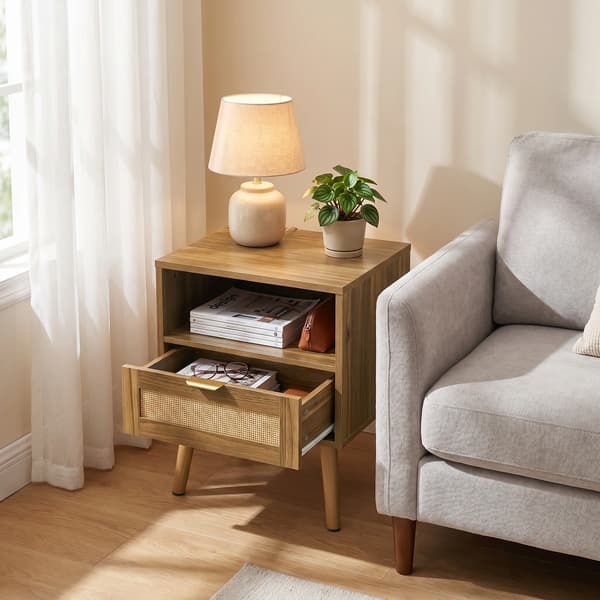 SONNENH Sengebord, MDF / Spånplade / Rattan, Valnød, 45 × 40 × 55 cm