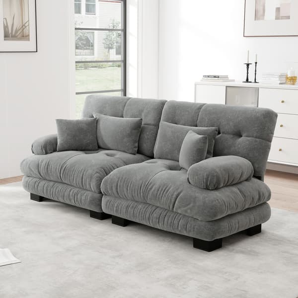 SONNENH Cloud hörn soffa för vardagsrum, chenille dubbel soffa med 2 lumbar kuddar och 2 dekorativa kuddar, solid trä ram, chenille grå