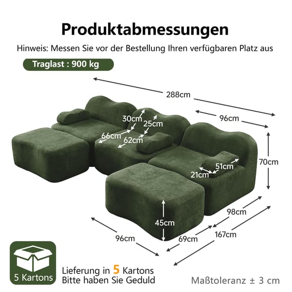 SONNENH 3 Seater U-formad Modular Boneless Sofa med 2 Ottomans, 32D High Density Foam, Wave Shape, Deep Seat, Movable Armrest Cushion