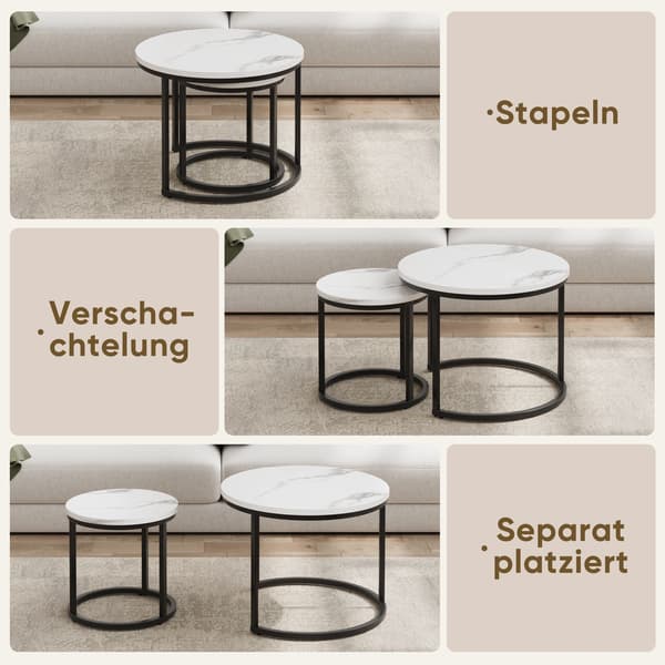 SONNENH White Nested Coffee Table 2-Piece Set, 60cm Metal Frame Round Coffee Table, Modern Coffee Table 2-Piece Set, Lämplig för vardagsrum, sovrum
