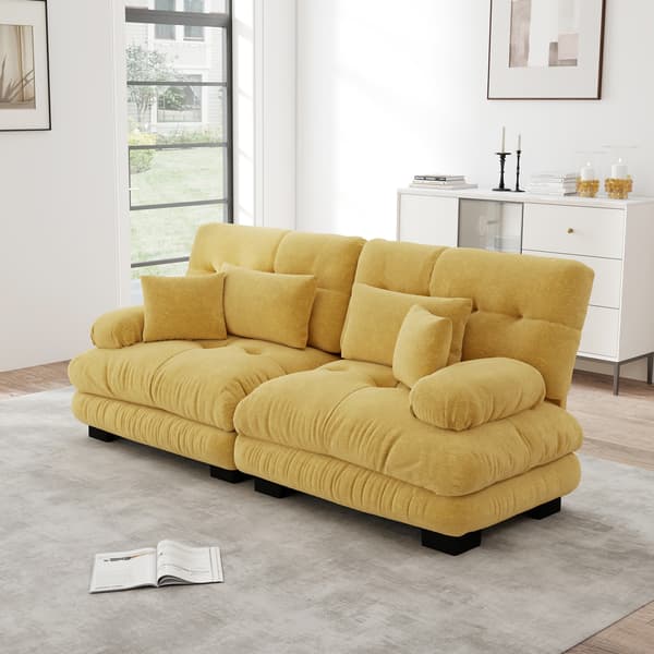 SONNENH Cloud Corner Sofa til stue, Chenille Double Sofa med 2 Lumbar Cushions og 2 Dekorative Cushions, Solid træ ramme, Gul