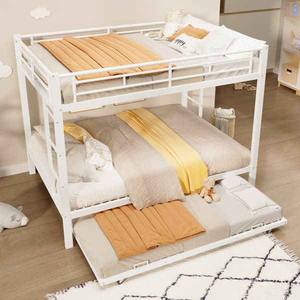 SONNENH 140 * 200cm Bunk Bed, Iron Frame Bed, Children's Bed, utrustad med Pull-out Bed, High Railings, utan Mattress, White