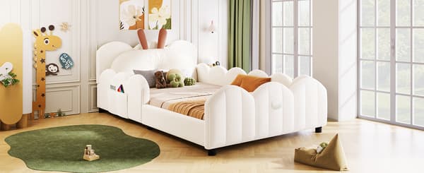 SONNENH 90x200 stoppad plattformsäng med kaninformade kuddar, beige