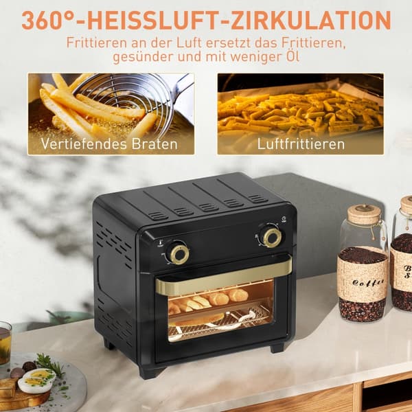 SONNENH Miniovn med varmluft, airfryer, timer, indvendig belysning, 10L, sort