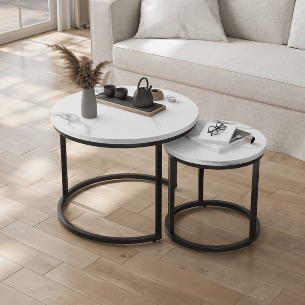 SONNENH White Nested Coffee Table 2-Piece Set, 60cm Metal Frame Round Coffee Table, Modern Coffee Table 2-Piece Set, Lämplig för vardagsrum, sovrum