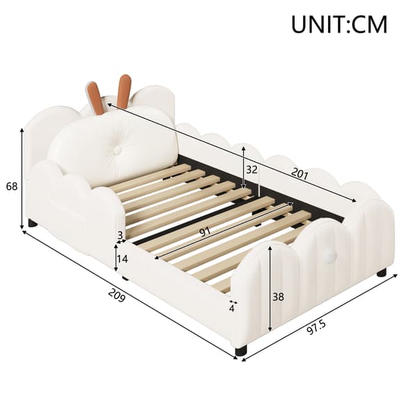 SONNENH 90x200 stoppad plattformsäng med kaninformade kuddar, beige