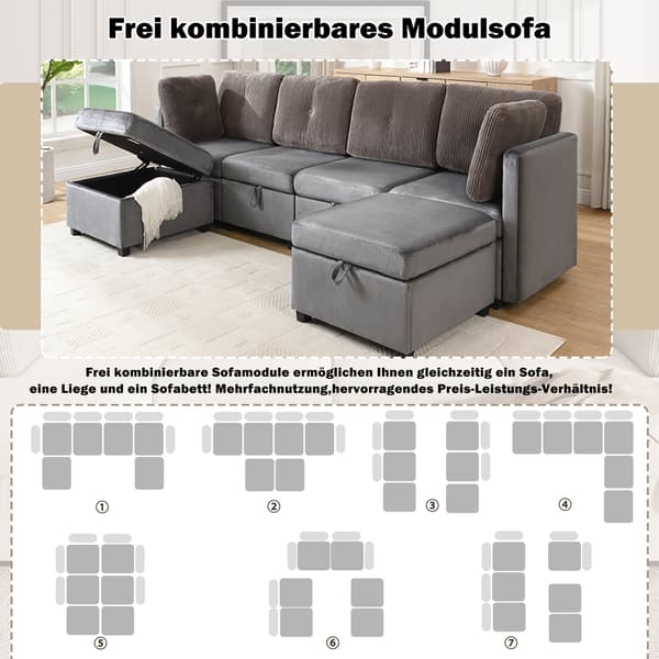 SONNENH 6-moduls, modulär U-formad soffa med förvaring – multifunktionell hörnsoffa för vardagsrummet
