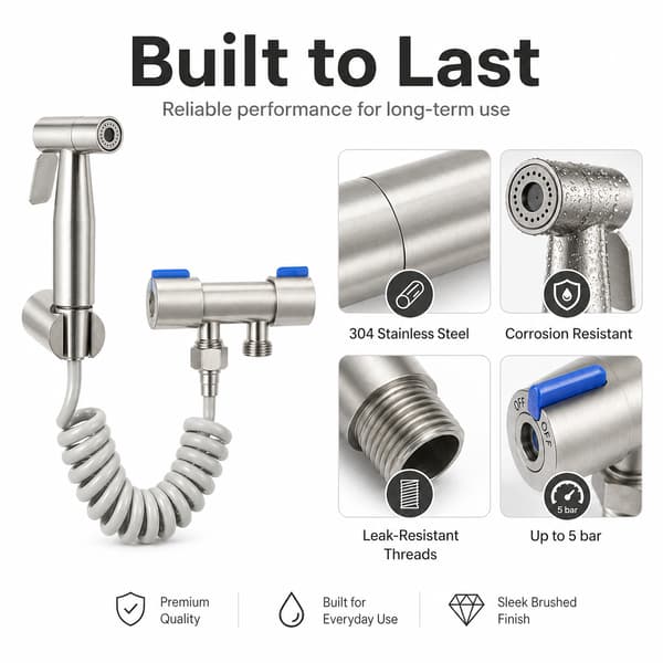Bidéduschset i borstat rostfritt stål, 2 m slang, hållare och G1/2–G3/8-adapter, silver