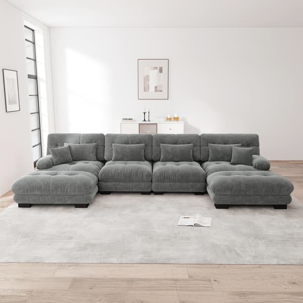 SONNENH Modulärt hörnsoffa, U-format soffset för vardagsrum, 4-sits bekväm molnsoffa med flyttbar ottoman, DIY-kombination, chenille, grå