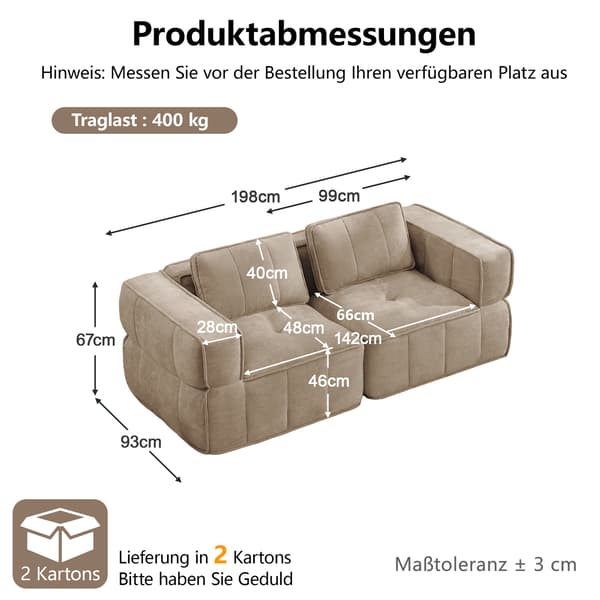 SONNENH 2-sitssoffa, Polyester, Sandfärgad, 198 × 93 × 67 cm