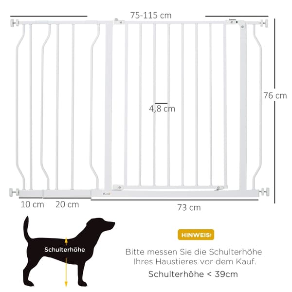 SONNENH Hundgrind, tryckmonterad, justerbar längd, stål/ABS, 75-115 x 76 cm, vit