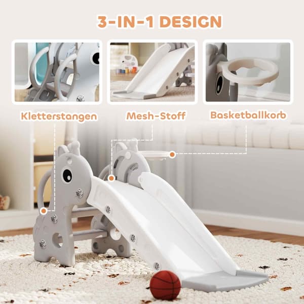 SONNENH 3-i-1 rutsjebane til børn, girafform, basketballkurv, bold, grå
