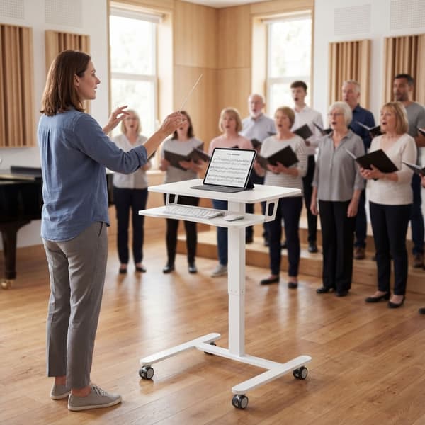 SONNENH Højdejusterbart stå-sid bord, rulbart stå-sid bord med tastaturbakke, hjul og stålstel, hvid
