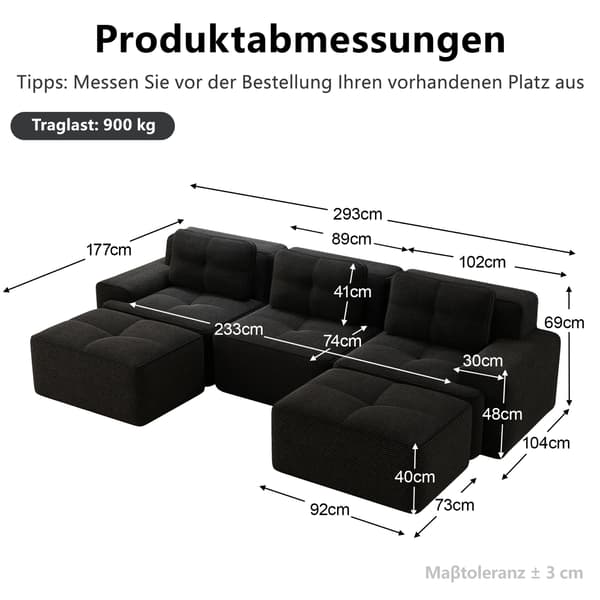 SONNENH Cloud Modular Sofa Boneless U Shaped Sofa, Modular Sofa med Ottoman, Modular Cloud Sofa, 3 Sæder Corduroy Cloud Sofa til levende værelse