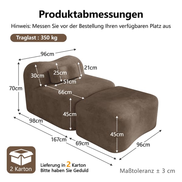 SONNENH Sofa, Velour, Brun, 96 × 167 × 70 cm