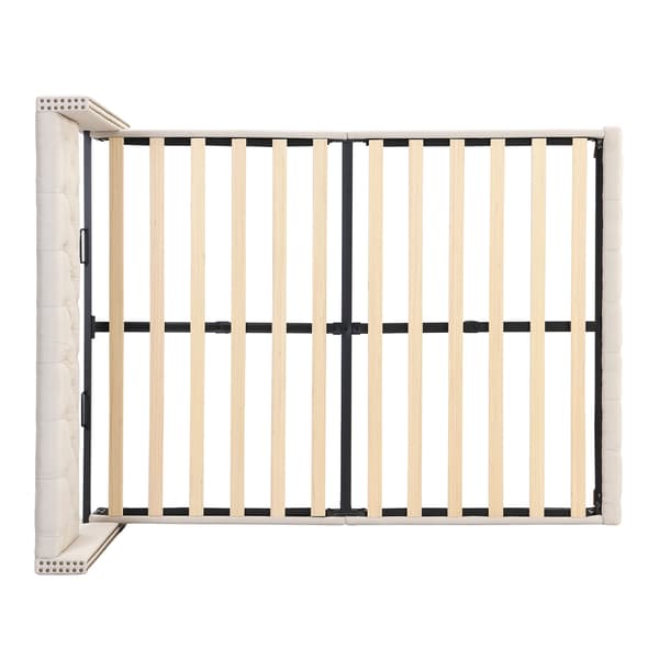 Stoppad sängram, beige, med sänggavel