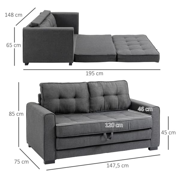 SONNENH Bäddsoffa, hopfällbar soffa, 2-sits, bäddsoffa med sovfunktion, linnetouch, gummiträ, grå, 147,5x75x85 cm