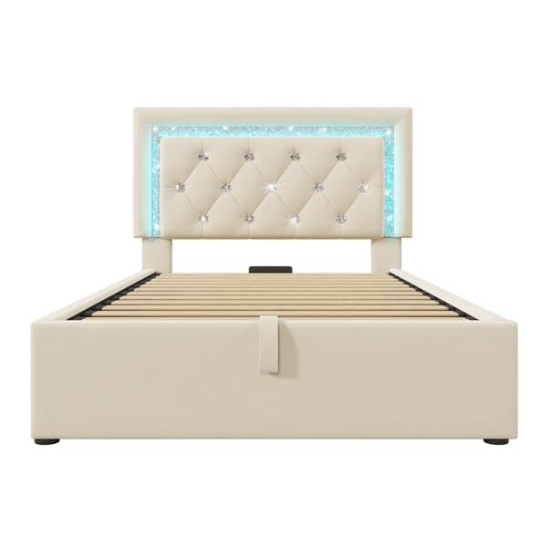 Sängram med förvaring, 90 x 200 cm, beige, med förvaring, med lyftförvaring, med LED