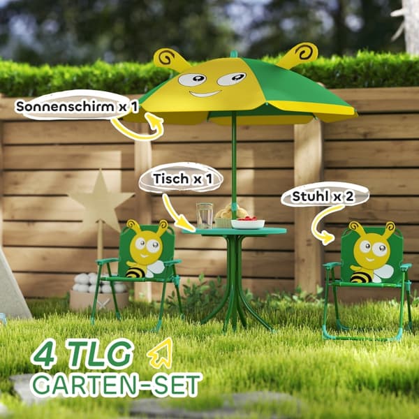 SONNENH Trädgårdsmöbelset för barn, stolar, bord, solskydd, Bidesign, grön+gul
