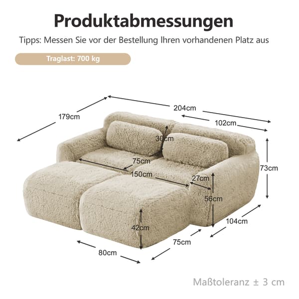 SONNENH Boneless Cloud Sofas, Soft Fluffy Plush Fabric, Modular Sofa Bed med 2 Ottomans, Två Seater Sofas, Monteringsfri, Bekväm soffa för vardagsrum