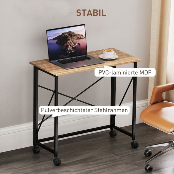 SONNENH Desktop Foldbar Lille 80 cm Foldingskrivebord med hjul Space Saving Computer Desk til Home Office, Eg
