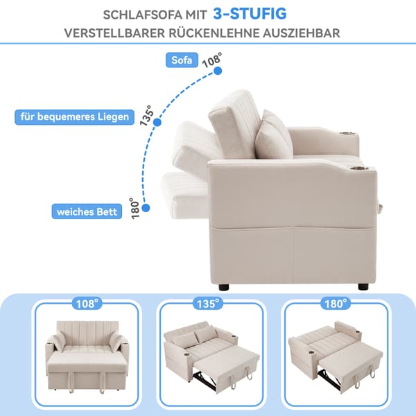 SONNENH Modern multifunctionell soffa, bäddsoffa, bäddsoffa med sovfunktion, dubbelsoffa med justerbart ryggstöd, med kopp hållare och kudde