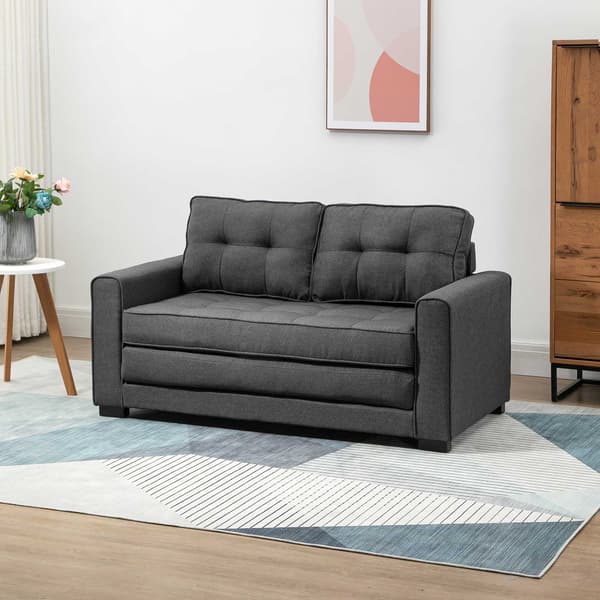SONNENH Bäddsoffa, hopfällbar soffa, 2-sits, bäddsoffa med sovfunktion, linnetouch, gummiträ, grå, 147,5x75x85 cm