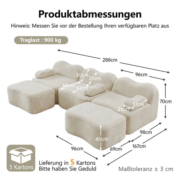SONNENH 3 Seater U-formad Modular Boneless Sofa med 2 Ottomans, 32D High Density Foam, Wave Shape, Deep Seat, Movable Armrest Cushion