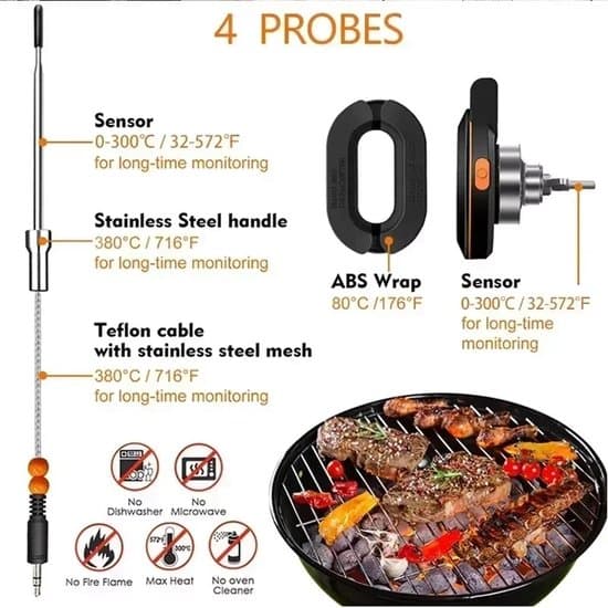 Digital trådlös Bluetooth kötttermometer, stöder 2/4 prober, IP54 vattentät