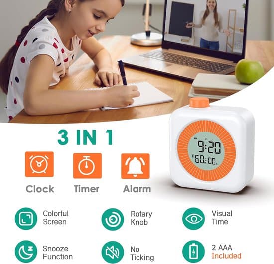 Digital visuel timer, 3-i-1 60-minutters nedtælling med stor LCD-skærm, 12/24 timer, lydløs drift, timer med knap