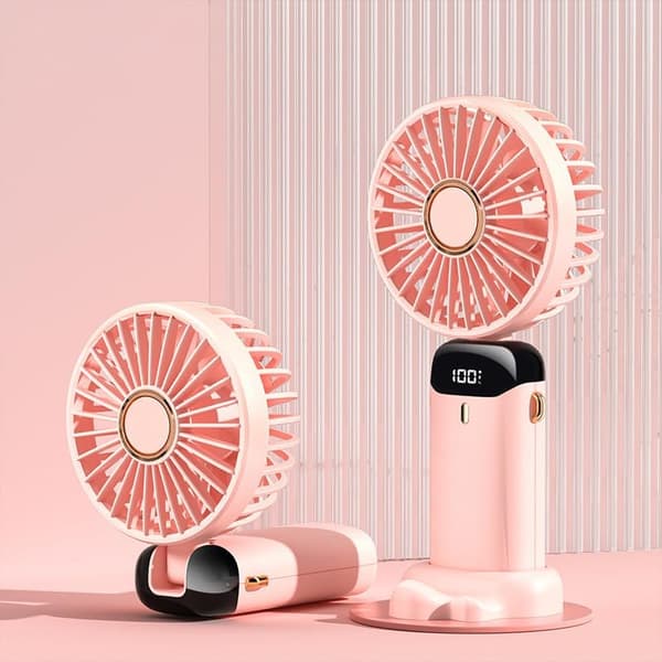 Sammenfoldelig digital display mini ventilator opladningsstander - pink