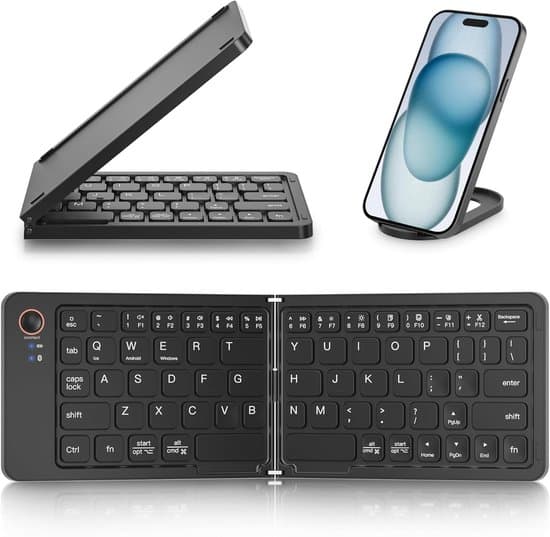 Mini hopfällbart Bluetooth-tangentbord - synkroniserar upp till 3 enheter - ultratunt aluminium, resevänligt - för iPhone, iPad, Mac, Android, Windows, iOS (svart)