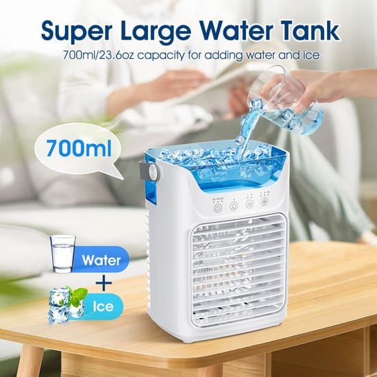 4-i-1 Bärbar Luftkonditionering, 700 ml, 2-dimma, 3-timer, 7-färgs LED