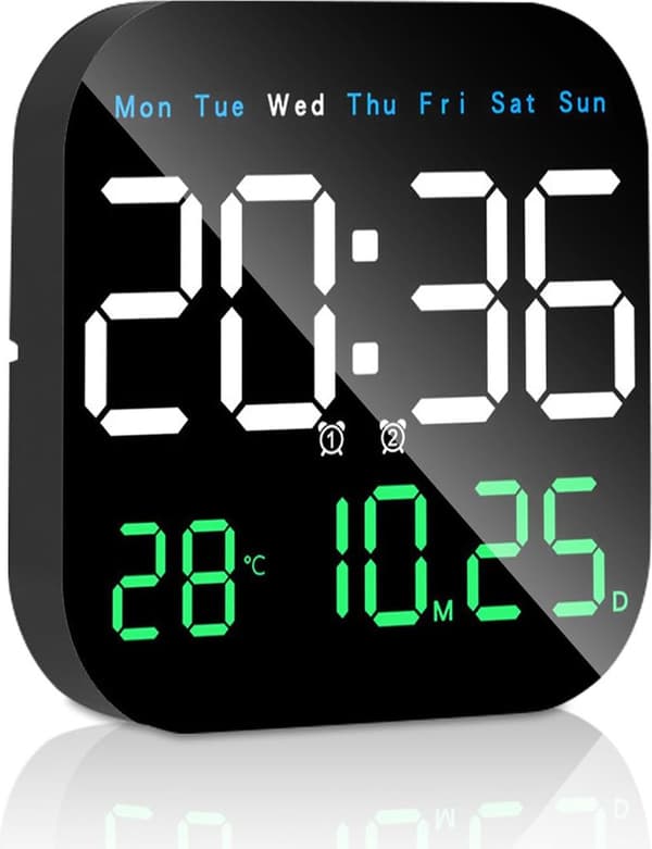 Multifunktionell LED-väggklocka, fjärrkontroll, timer, nedräkning, temperaturvisning, trefärgsdisplay