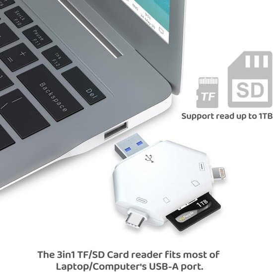 3-i-1 SD-kortläsare – För iPhone/iPad, USB C/USB A, åtelkamera, Windows/Mac/Linux/Android