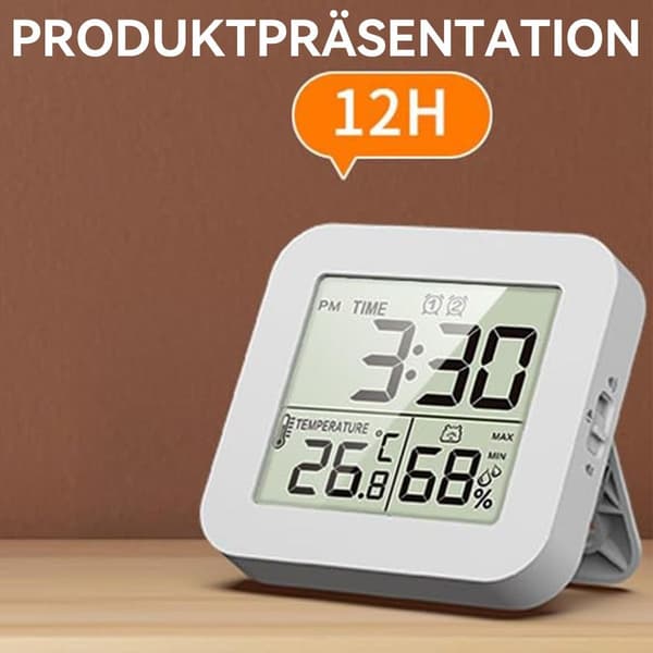 Digitalt termometer og hygrometer, med ur og timer, 12/24-timers format, nedtællingstimer, 2 alarmer, hvid.