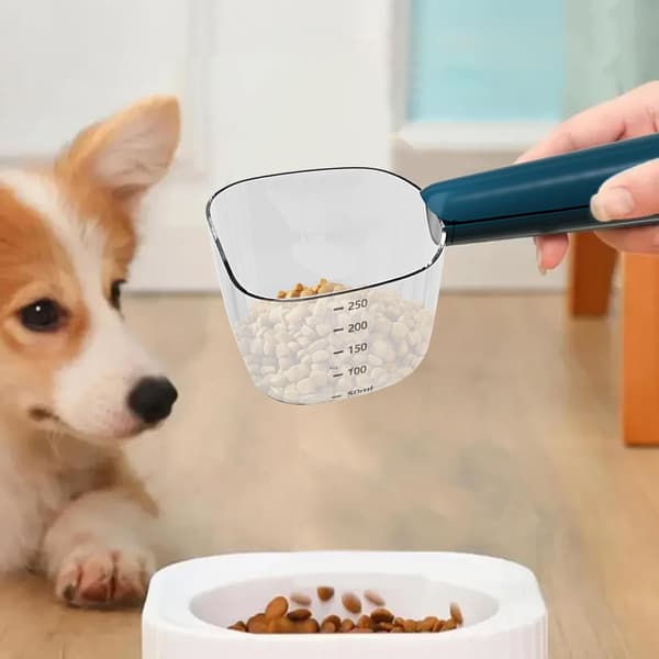 Gradueret målebæger til hundefoder, præcis skovl til kæledyrsfoder, med klips til hundefoderpose, multifunktionel ABS-katteske, til indendørs og udendørs brug,...