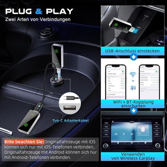 - 2-i-1 trådløs CarPlay og Android Auto-adapter, kablet til trådløs, USB/USB-C-interface, stabil forbindelse, intelligent stemmestyring.