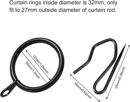 30-pak 32 mm indvendig diameter robuste sorte metalgardinringe