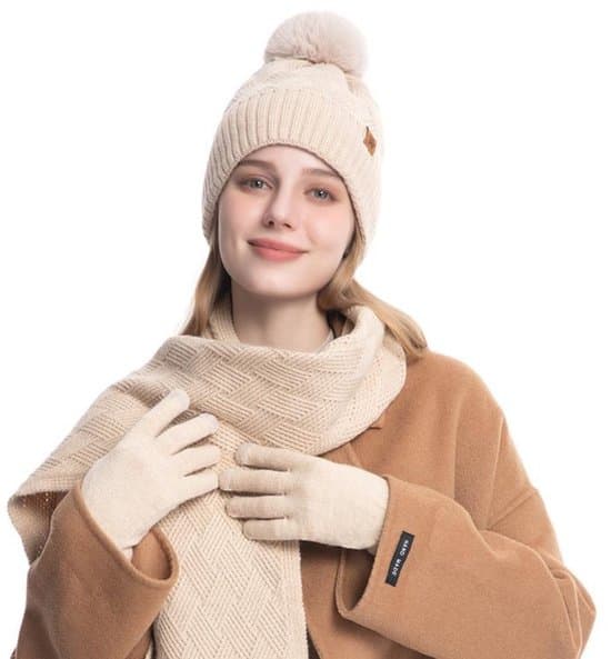 3-i-1 mössa, halsduk och handskar för kvinnor - Vinterpresent för kvinnor, mössa, fleecefoder och varm vintermössa - Beige