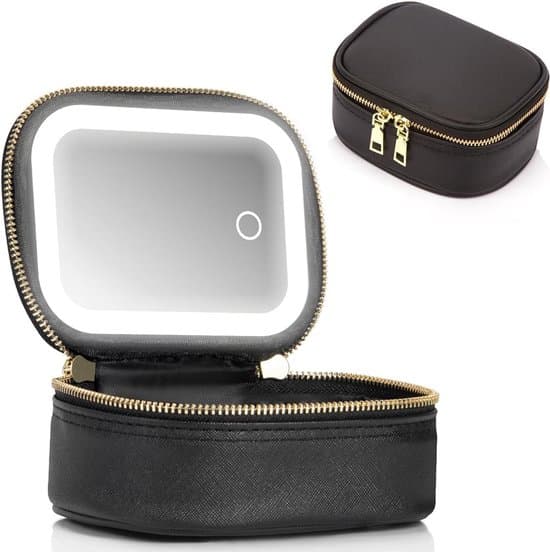 Sort kompakt makeuptaske i moderne stil med LED-spejl