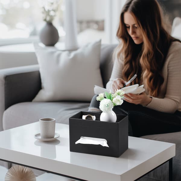 Extra stor rektangulär PU-läder näsdukslåda med förvaringsfack