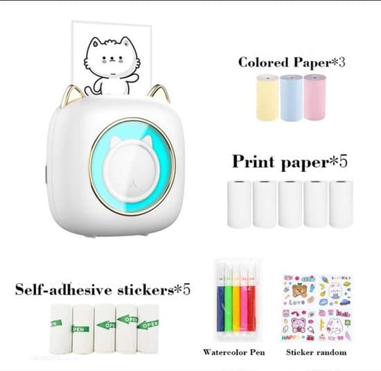 Mini termisk printer, bærbar fotoprinter med 14 papirruller, smart Bluetooth-printer til iOS og Android, bærbar lommeprinter, billeder, hvid